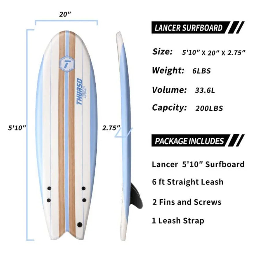 5'10'' Soft Top Foam Surfboard Fish for Adults with Twin Fins Double Swivel Leash EPS Core IXPE Deck HDPE Slick Bottom Non-Slip
