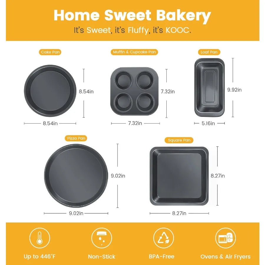 5-Piece Nonstick Bakeware Set with Cake Pan, Muffin Pan, Loaf Pan, Square Pan and Pizza Pan – Carbon Steel, Oven-Safe to 446°F, Dishwasher Safe