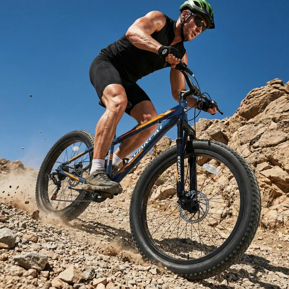 24 Inch Fat Tire Bike Adult/Youth Full Shimano 7 Speeds Mountain Bike, Dual Disc Brake, High-Carbon Steel Frame, Front Suspension, Mountain Trail Bike, Urban Commuter City Bicycle