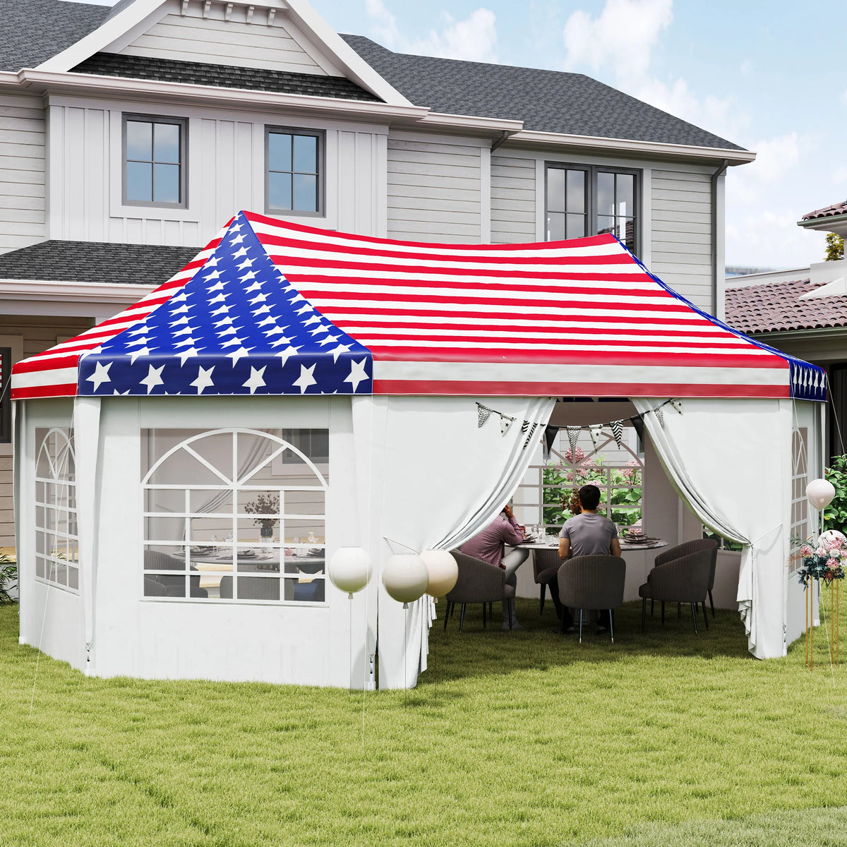 22.3 x 16.4ft Party Tent Wedding Tent w/ 6 Windows, American Flag