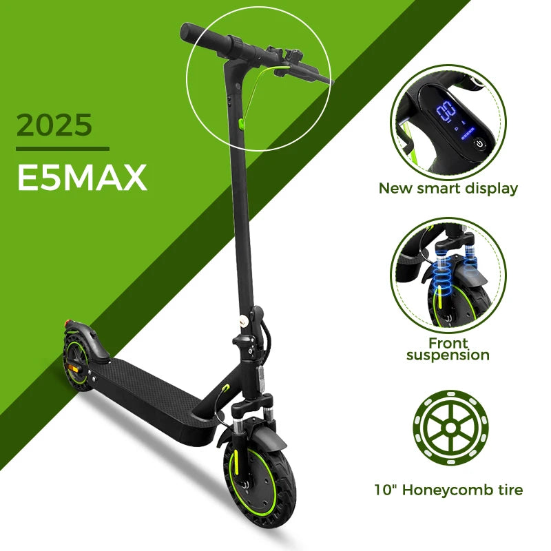 10" Tires Folding Electric Scooter Adult 22mph 500w 15ah Dual Shock Absorber Escooter Electric Skateboard With App E5max