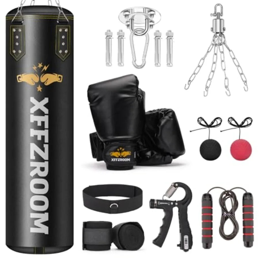 Punching Bag for Adults 4ft PU Leather Black 6 in 1 Heavy Boxing Bag Set with 12oz Gloves Hand Wraps Hanging Kit for MMA Karate