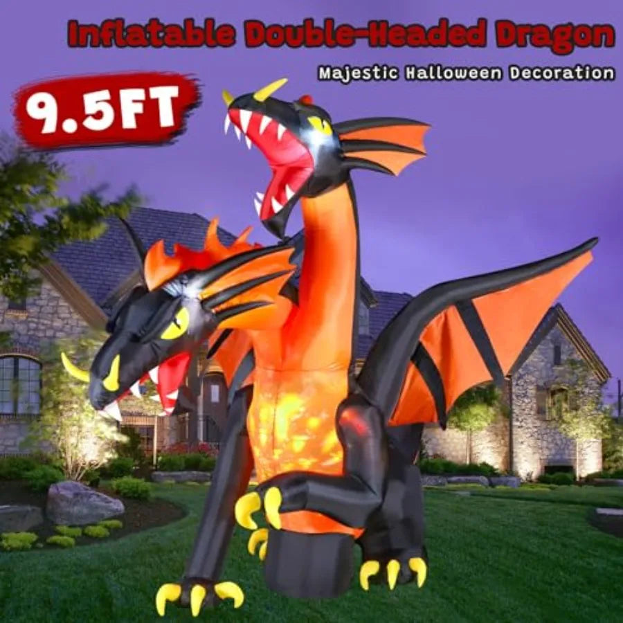 Halloween outdoor decoration: inflatable double-headed dragon, PVC material, green and red, weather-resistant with built-in bri