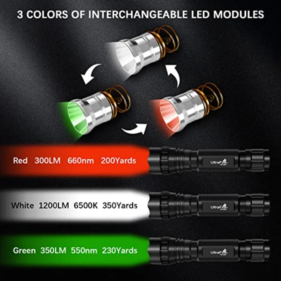 Tactical Flashlights Predator Light with Interchangeable Red Green White 1200 Lumen LED Spotlight Light Hunting Flashlight with