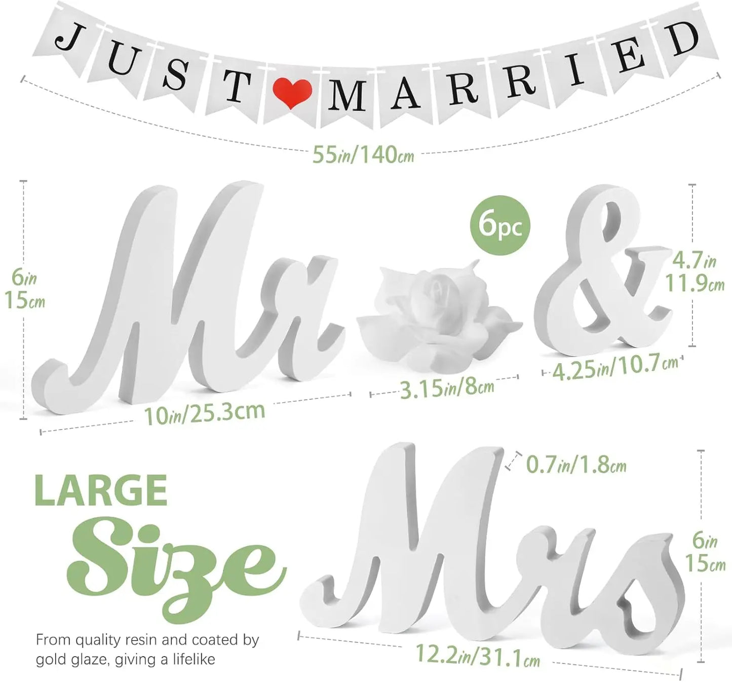 Mr and Mrs Sign for Wedding Party Table, Wedding Decorations for Reception (White with Banner) (White)