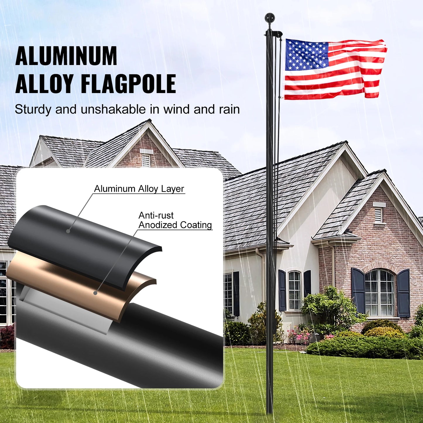 SucceBuy Sectional Flag pole Kit HeavyDuty AluminumAlloy in Ground 3 Display Modes Flagpole With American Flag Accessories