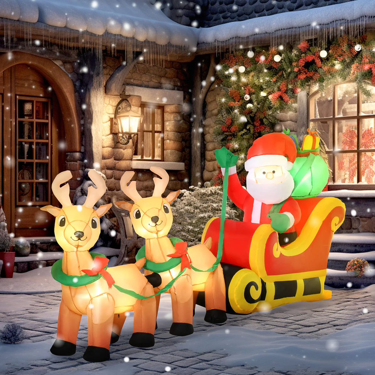 HOMCOM 8ft Long Christmas Inflatable Santa Claus with Sleigh and Reindeer, Outdoor Blow-Up Yard Decoration with LED Lights Display