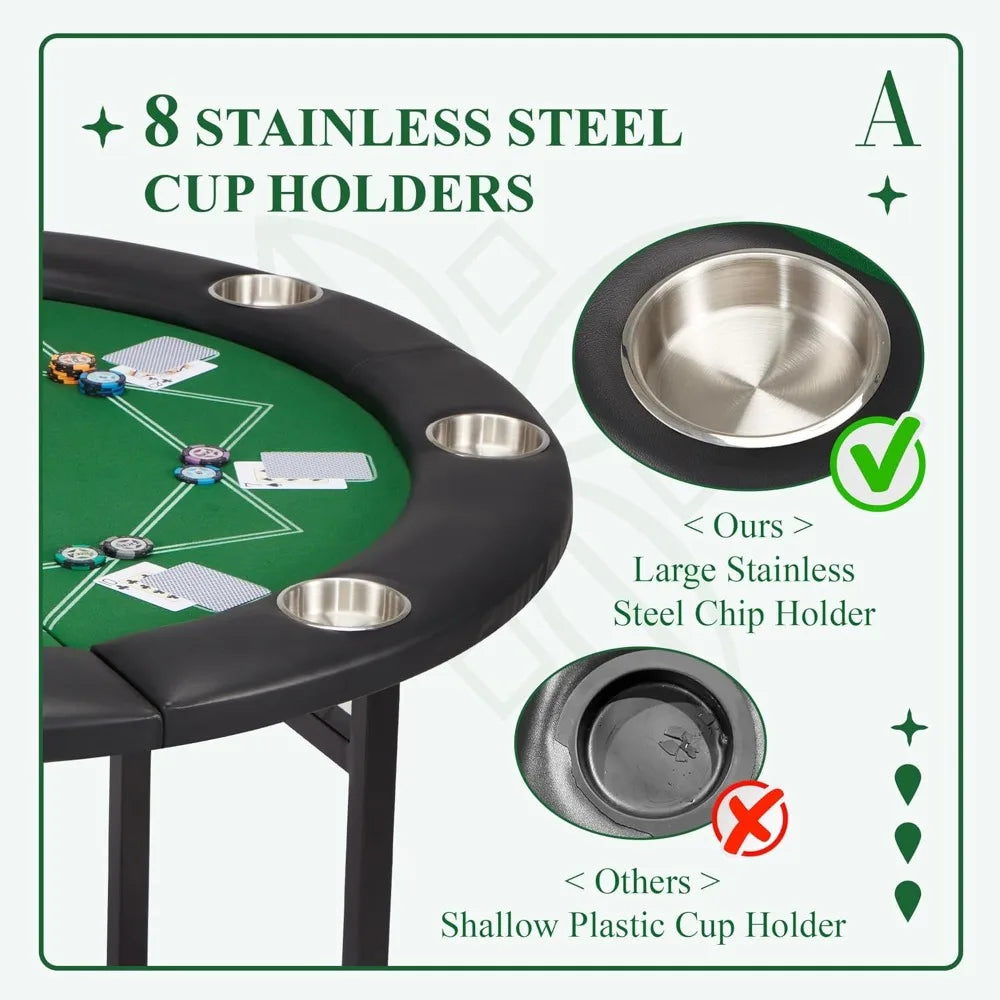 8 Players Poker Table Foldable, Round Casino Texas Holdem Table with Stainless Steel Cup Holders & Faux Leather Padded