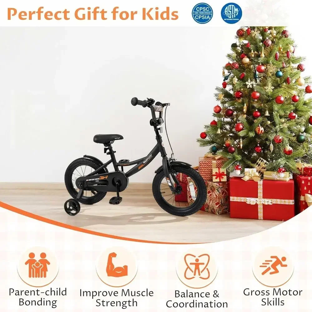 14 Inch Kids' Bike with Training Wheels, Dual Brakes, Adjustable Seat & Handlebar for Ages 3-8 (Black)