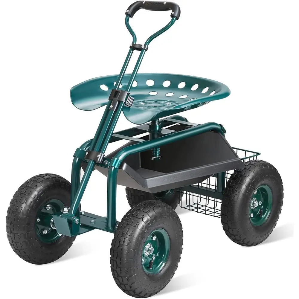 360° Swivel Garden Cart with Seat, Rolling Workstation, Patio and Yard Utility Scooter, Green