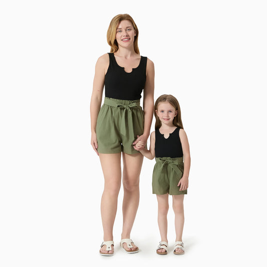 100% Cotton Ribbed and Solid Splicing Sleeveless Belted Romper for Mom and Me