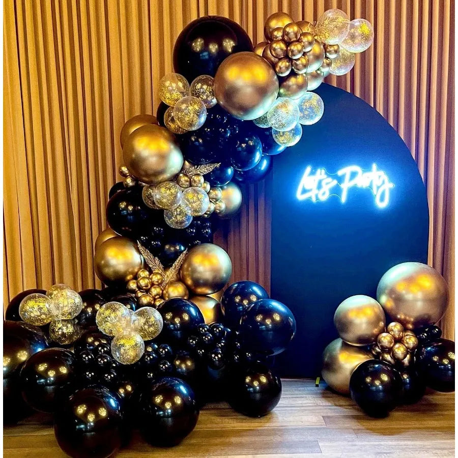 100Pcs Black Gold Metallic Chrome and Gold Confetti Balloons Garland Kit with Balloon Tape for Elegant Wedding Birthday Graduat