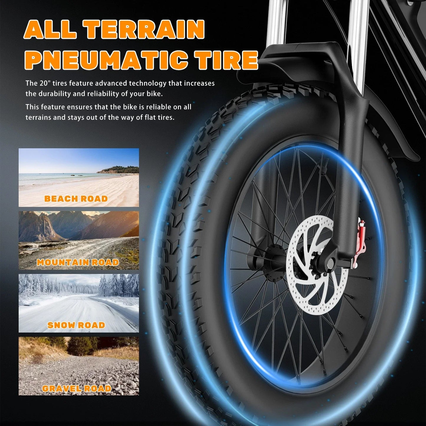 YVY Electric Bike for Adults 1200W 48V 15.6Ah Teens Off-road Touring City Trail 20*4 Inch Fat Tire Snow City Commuter EBike