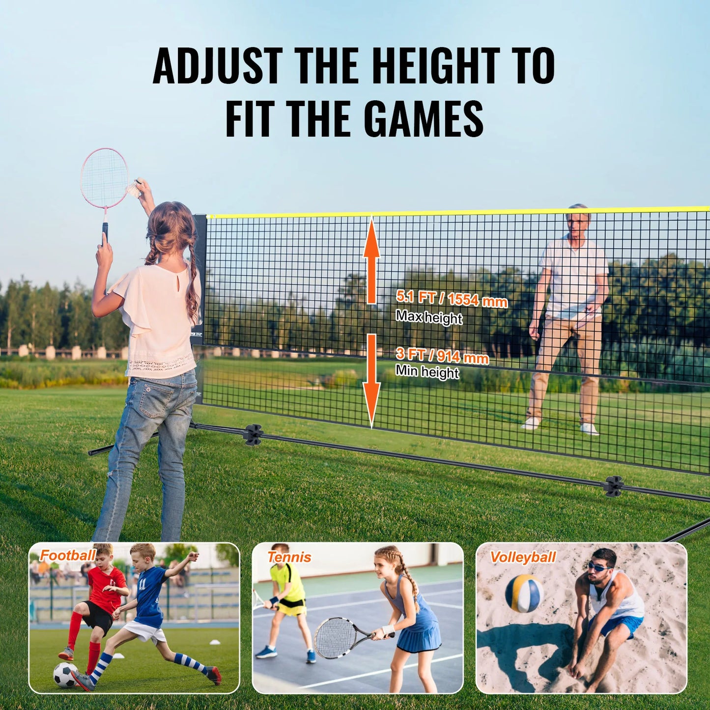 SucceBuy 10-17FT Badminton Net Height Adjustable Volleyball Net Wide Foldable Pickleball Net Portable Easy Setup Tennis Net Set
