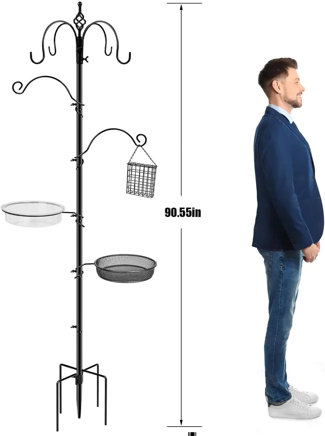 90.55in 6-Hook Bird Feeder Stand with Water Tray, Easy Assembly for Outdoor Gardens (Black)