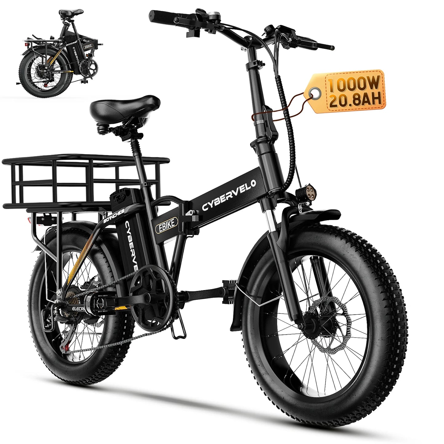 1000W Electric Bike for Adults Cybervelo EK4 Folding 48V 20Ah 30+MPH 80Miles 20" Fat Tire 7-Speed Off Road E-bike