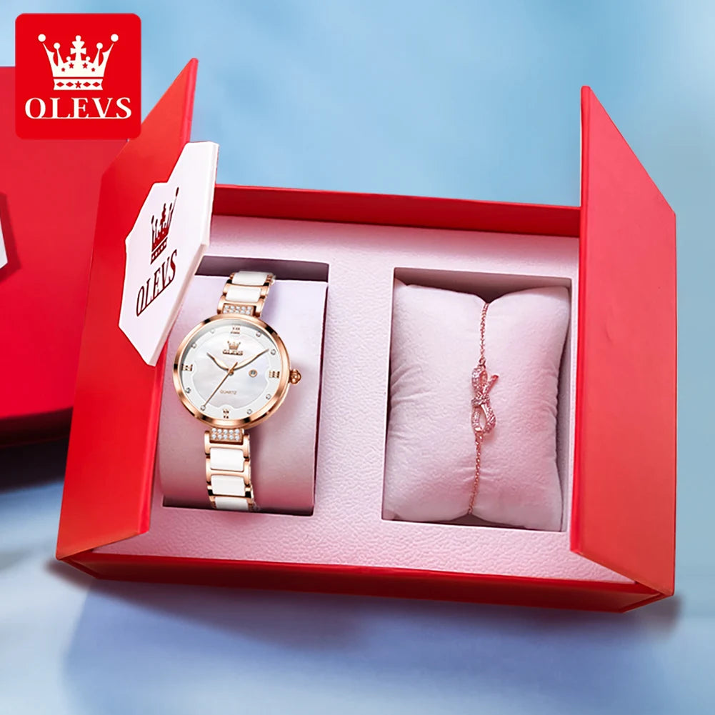 OLEVS Original Watch for Women Ceramic Stainless steel Strap Luxury Brand Elegant Ladies Watch Women's Bracelet Wristwatch Set