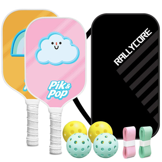 Pickleball Paddle Set with 2 Rackets, 4 Balls, Bag & Grip Tapes  Fiberglass Surface & Polypropylene Core for Control，  Wide Body