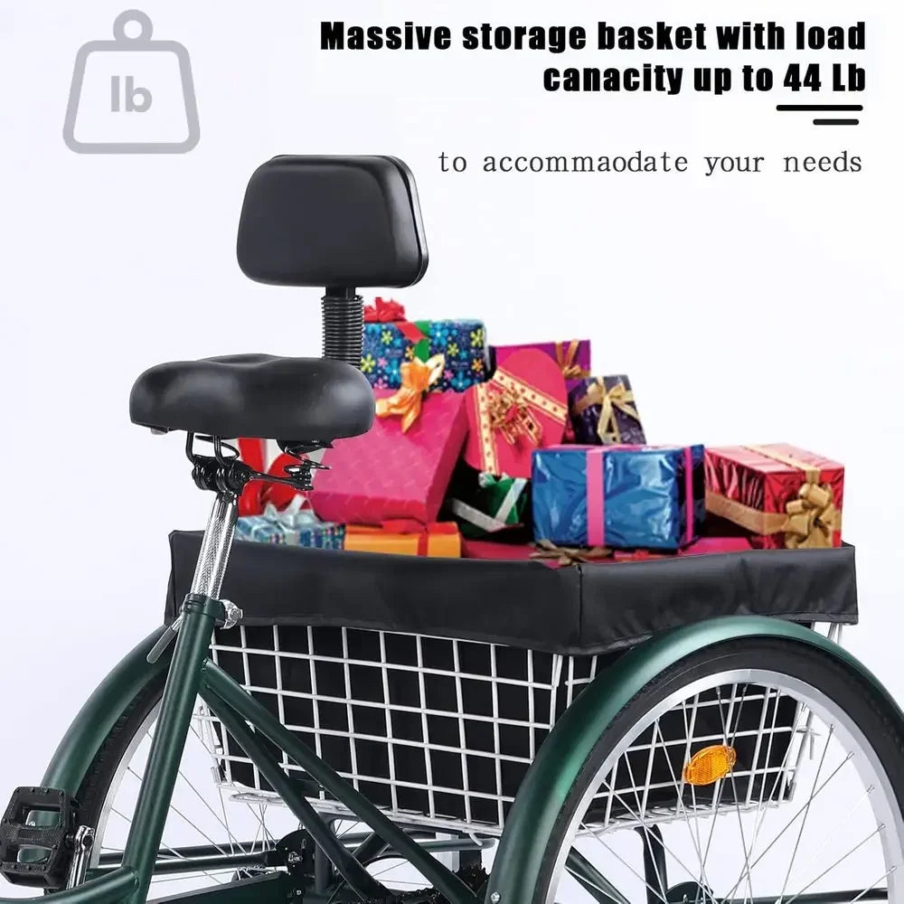 7-Speed Adult 24/26 Three-Wheeled Mountain Trike with Basket and Backrest for Men & Women in Multiple Colors