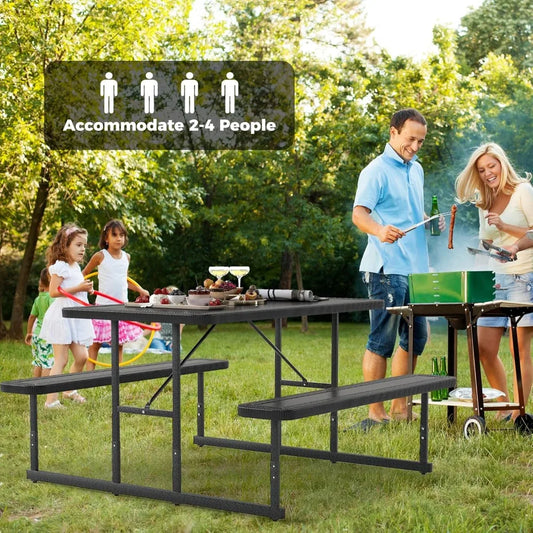 Picnic Table Bench Set for 4 People, 4.5FT Outdoor Rectangular Dining Table & 2 Benches w/Umbrella Hole, HDPE Tabletop