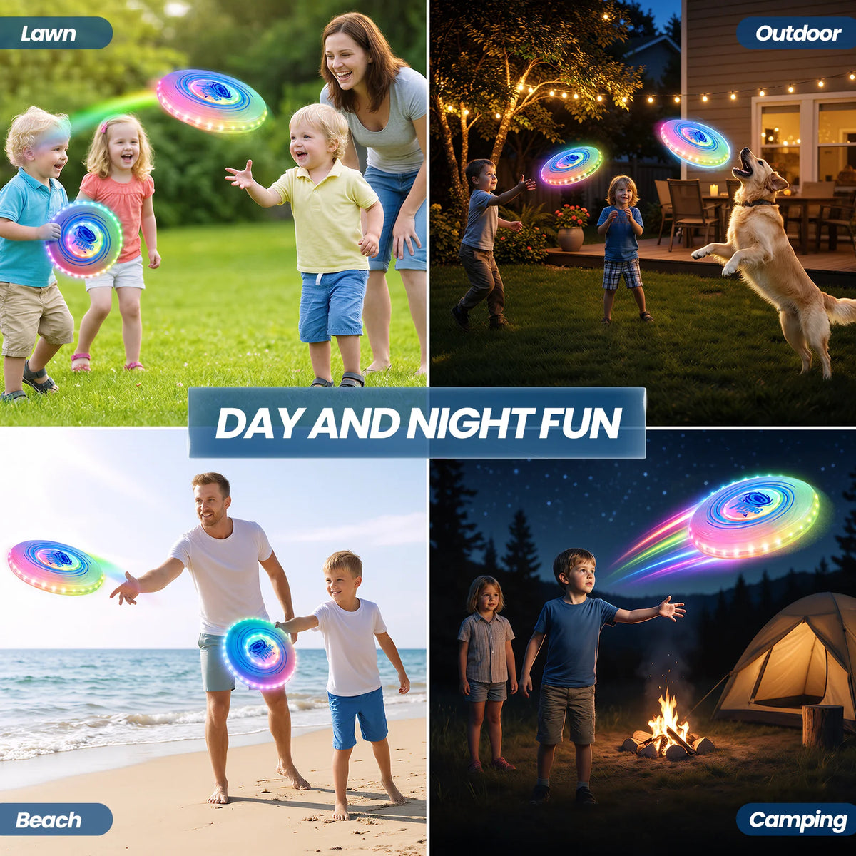 2 Pack Rechargeable Glow-in-the-Dark Flying Discs with 45 LEDs 14 Lighting Modes Easter Basket Stuffers Camping Toys for Kids Teens Adults Birthday Halloween Christmas Gift