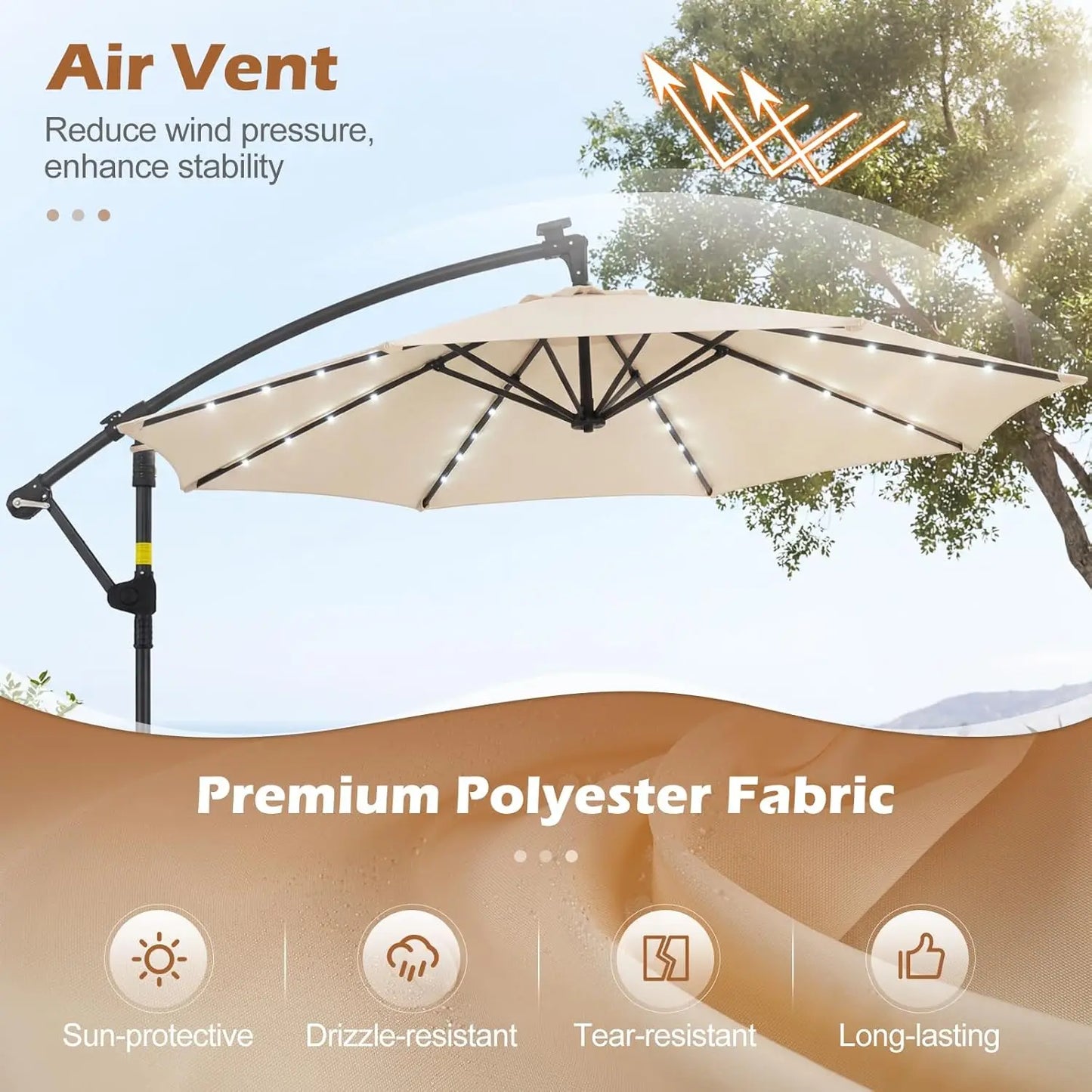 10ft Solar Patio Umbrella with Base Included, Offset Cantilever Outdoor Umbrella with 32 LED Lights, Infinite Tilt,  Customized