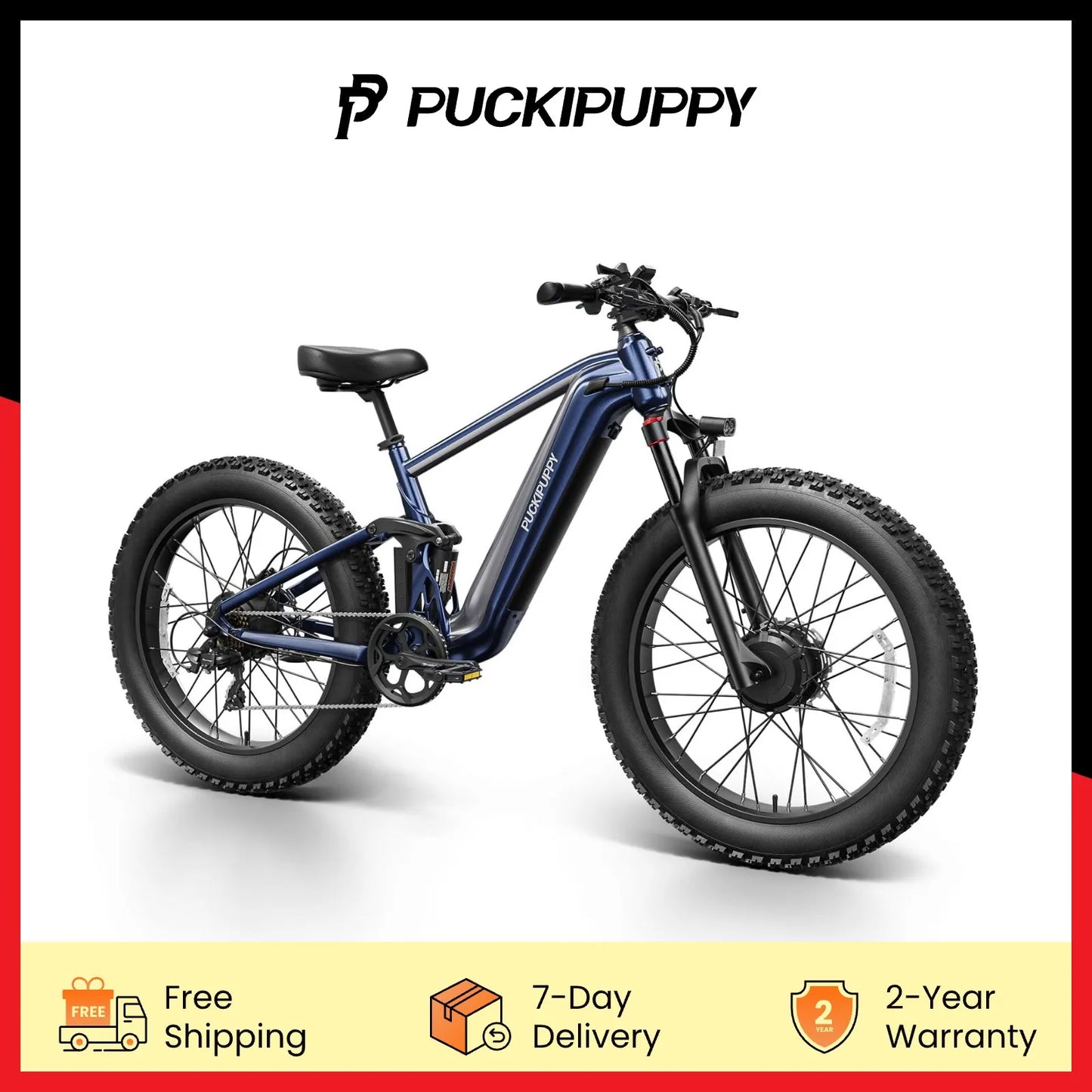PUCKIPUPPY Dual Motor Electric Bike for Adults 1600W 48V 20AH Battery with Torque Sensor 8 Speed 26" Fat Tire Full Suspension