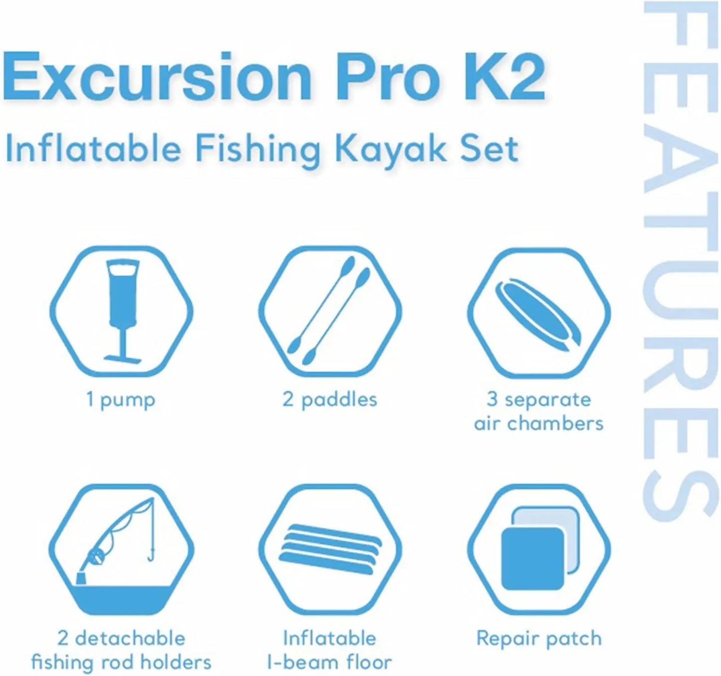 68309EP Excursion Pro K2 Inflatable Kayak Set: Includes Deluxe 86in Kayak Paddles and High-Output Pump – SuperTough PVC