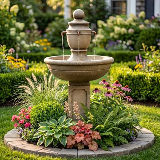 35-Inch Outdoor Water Fountain 2-Tier Modern Italian Floor Standing Resin Waterfall Fountain with Warm Light in Brown for Garde