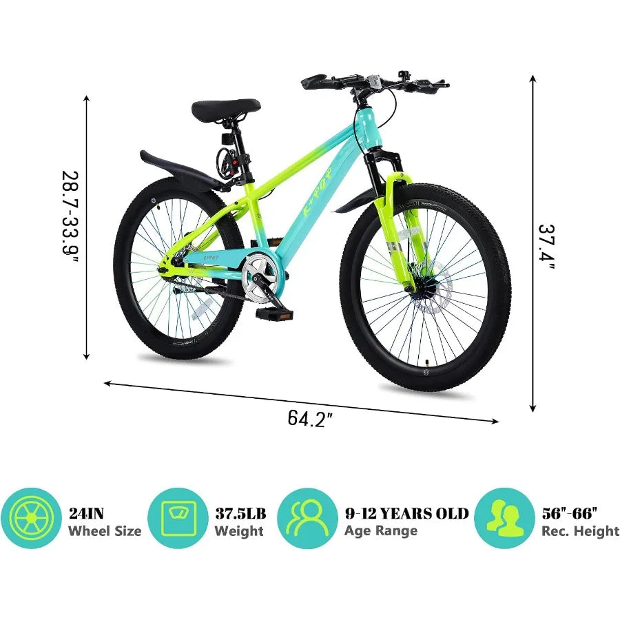 24 Inch Single Speed Mountain Bike for Boys Girls Ages 8-12, Lightweight Youth Bicycle with Front Suspension Fork, Front and Re
