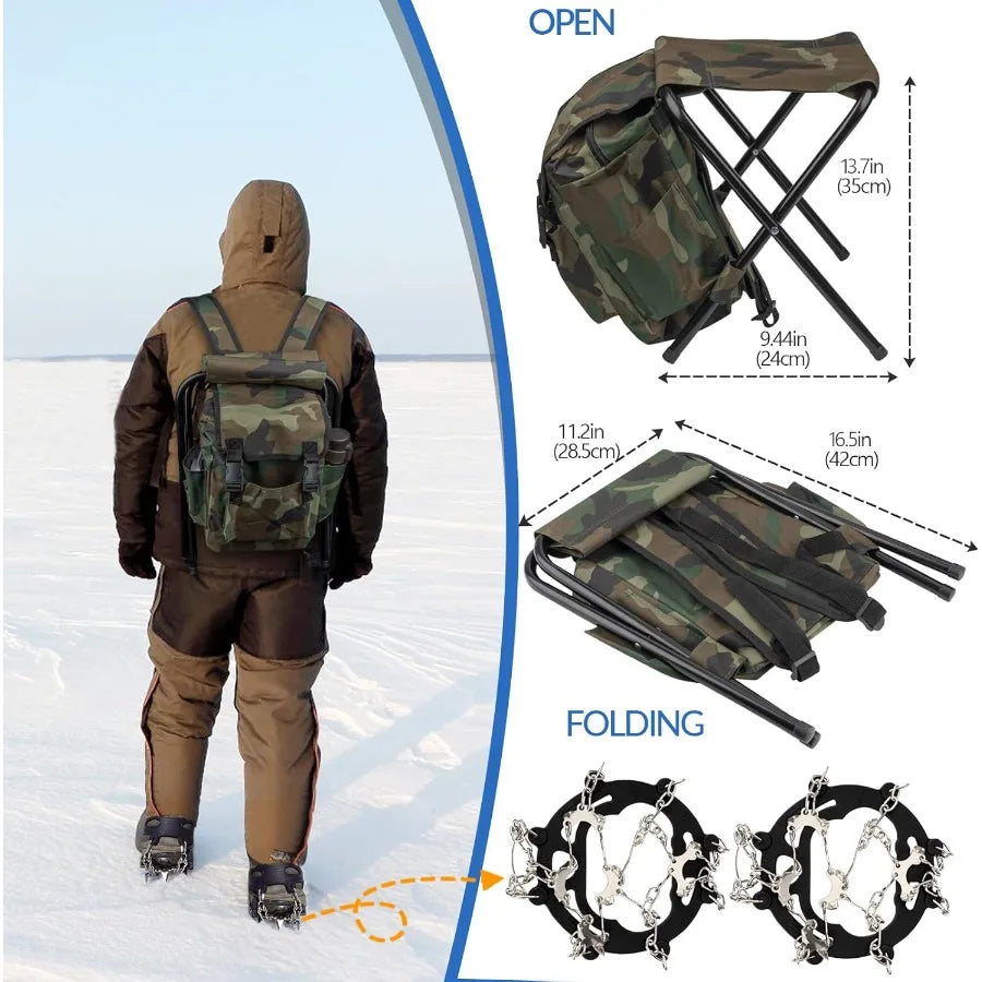 Complete Ice Fishing Kit with Reel Combo Backpack Seat Ice Cleats Jigs Line for Winter Fishing Adventures on Frozen Lakes and R