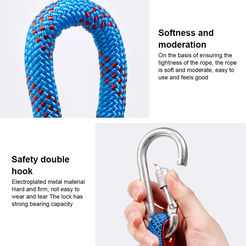 10mm Outdoor Static Rapelling Rope with 2 Hooks Climbing Emergency Rope Mountaineering Rope for Fire Escape Car Rescue
