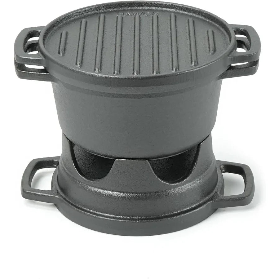 HAWOK 6 Piece Stove Set Potable Cast Iron Charcoal Grill Stove with 1QT Dutch Oven with Multipurpose Lid Five-Leg Buffet Tray M