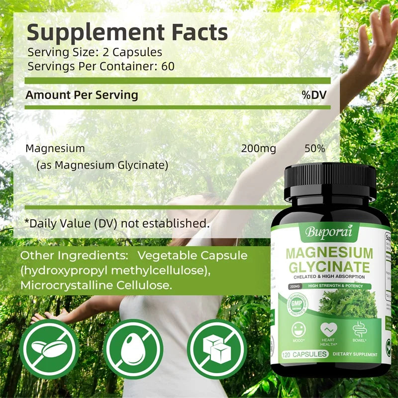 Magnesium Glycinate - Helps with Sleep, Brain, Nervous System, Bones, Muscles, Heart Health, Stress and Anxiety Relief