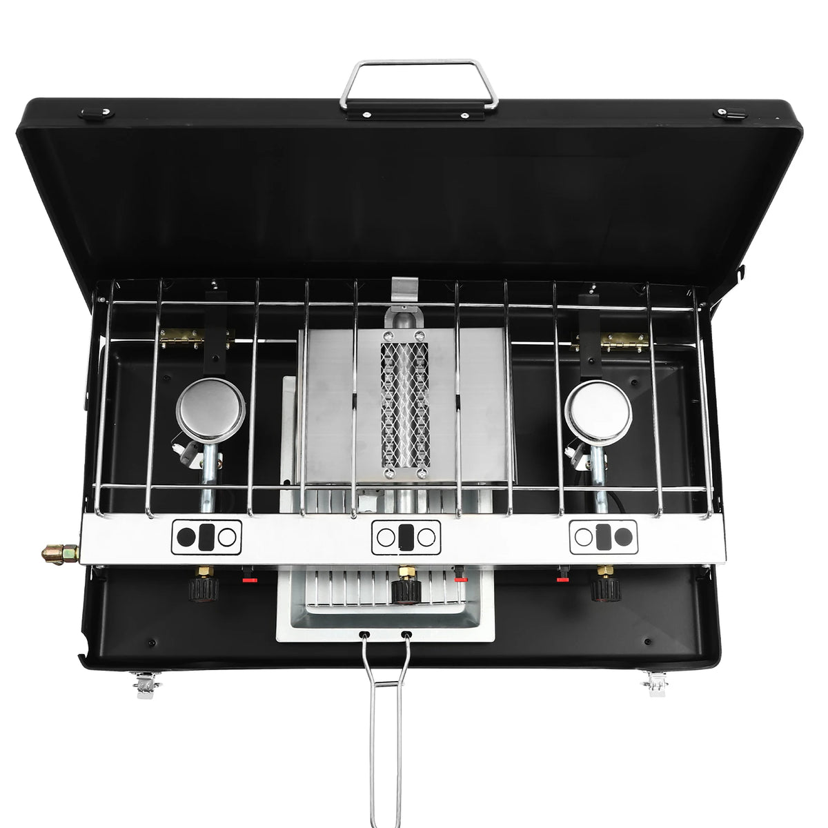 3-Burner Camping Stove Foldable, Portable Gas Grill with 4.5kW Total Power, Piezo Ignition and Windscreen Lid for Outdoor Cooking