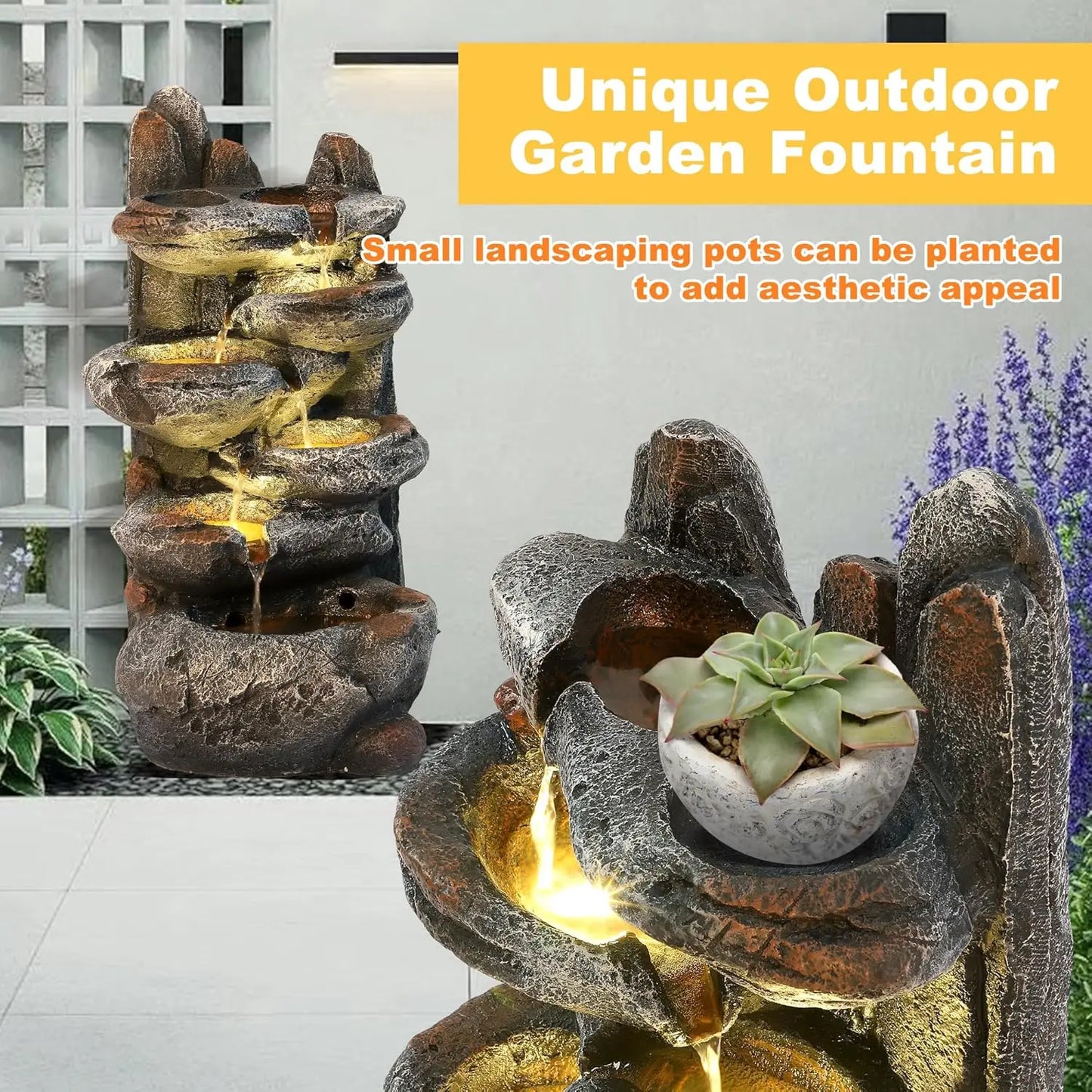 6-Tier Cascading Rock Water Fountain, 27" H Outdoor Freestanding Rockery Fountain with LED Light and Pump