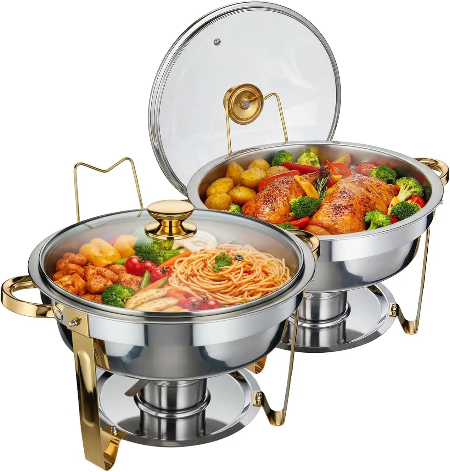2/4-Pack Round Chafing Dish Food Warmer Stainless Steel Buffet Server with Transparent Lid Fuel Holder Gold Chafer for Wedding
