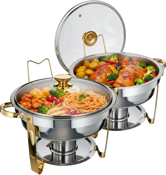 2/4-Pack Round Chafing Dish Food Warmer Stainless Steel Buffet Server with Transparent Lid Fuel Holder Gold Chafer for Wedding