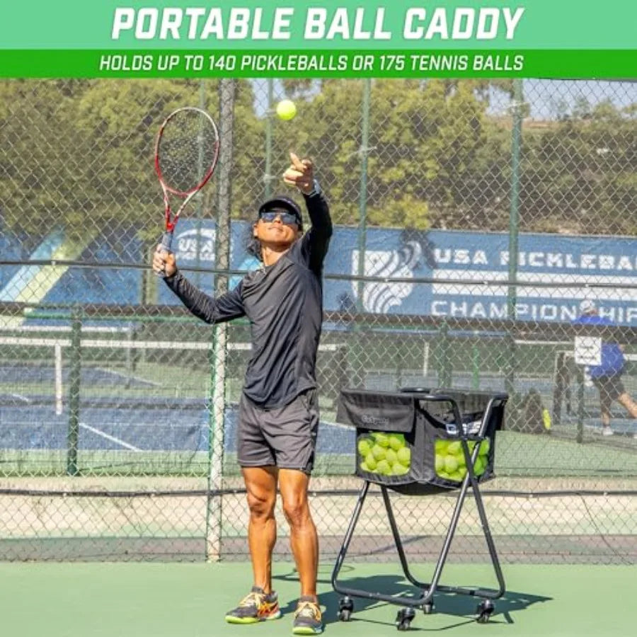Ball Caddy with Wheels - Portable Cart for Pickleball and Tennis, Durable Plastic, Black, Holds 140 Pickleballs or 175 Tennis B