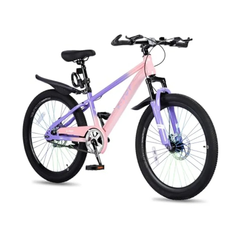 24 Inch Single Speed Mountain Bike for Boys Girls Ages 8-12, Lightweight Youth Bicycle with Front Suspension Fork, Front and Re