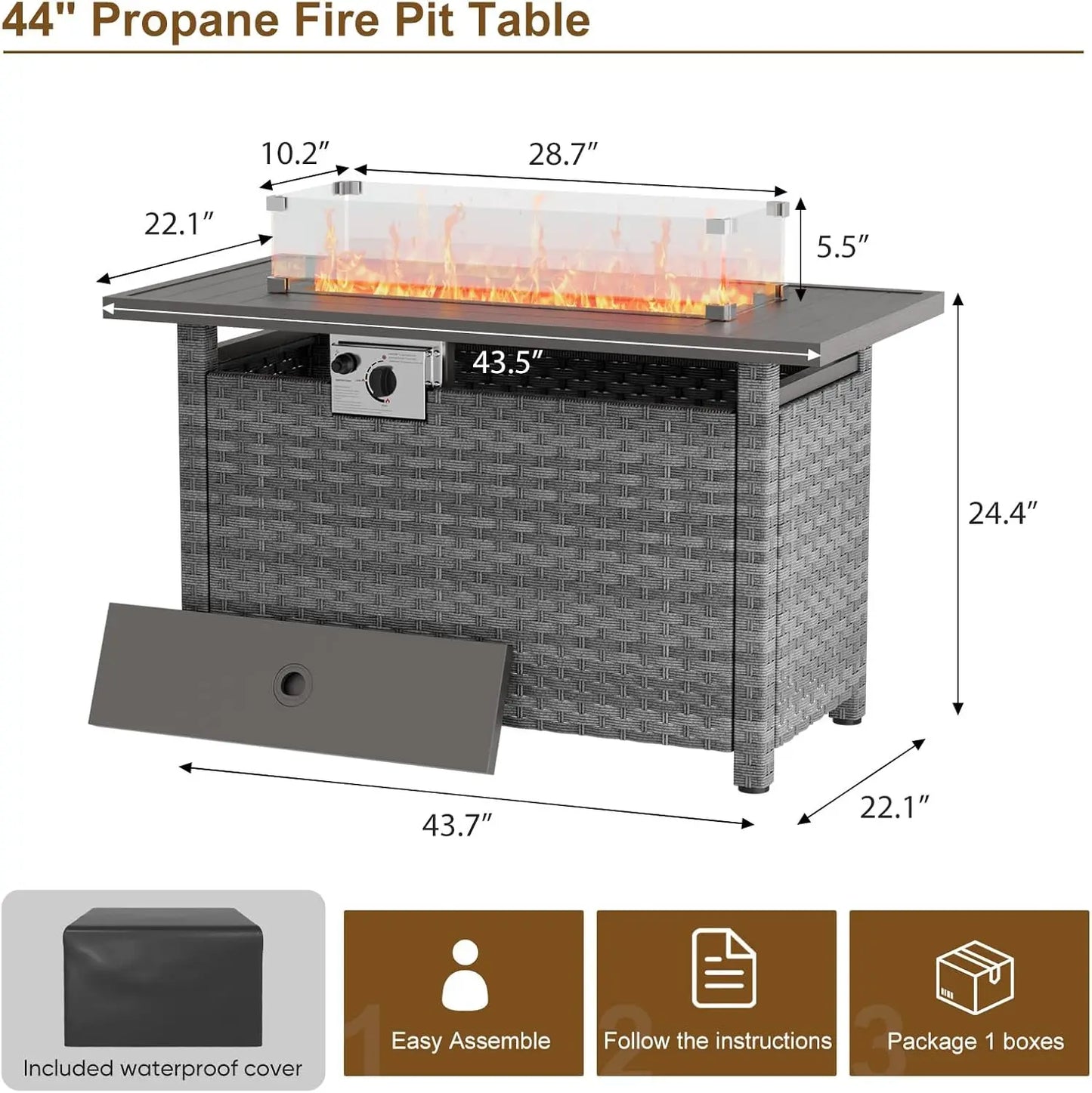 44" Fire Pit Table with Wind Guard, Auto-Ignition Propane Gas Firepits Rattan Rectangular Table for Outside Patio 60,000 BTU