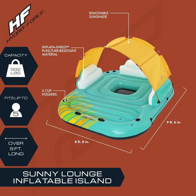 Bestway Hydro Force Sunny 5 Person Inflatable Large Floating Island Lake Water Lounge Raft with Cup Holders and Removable