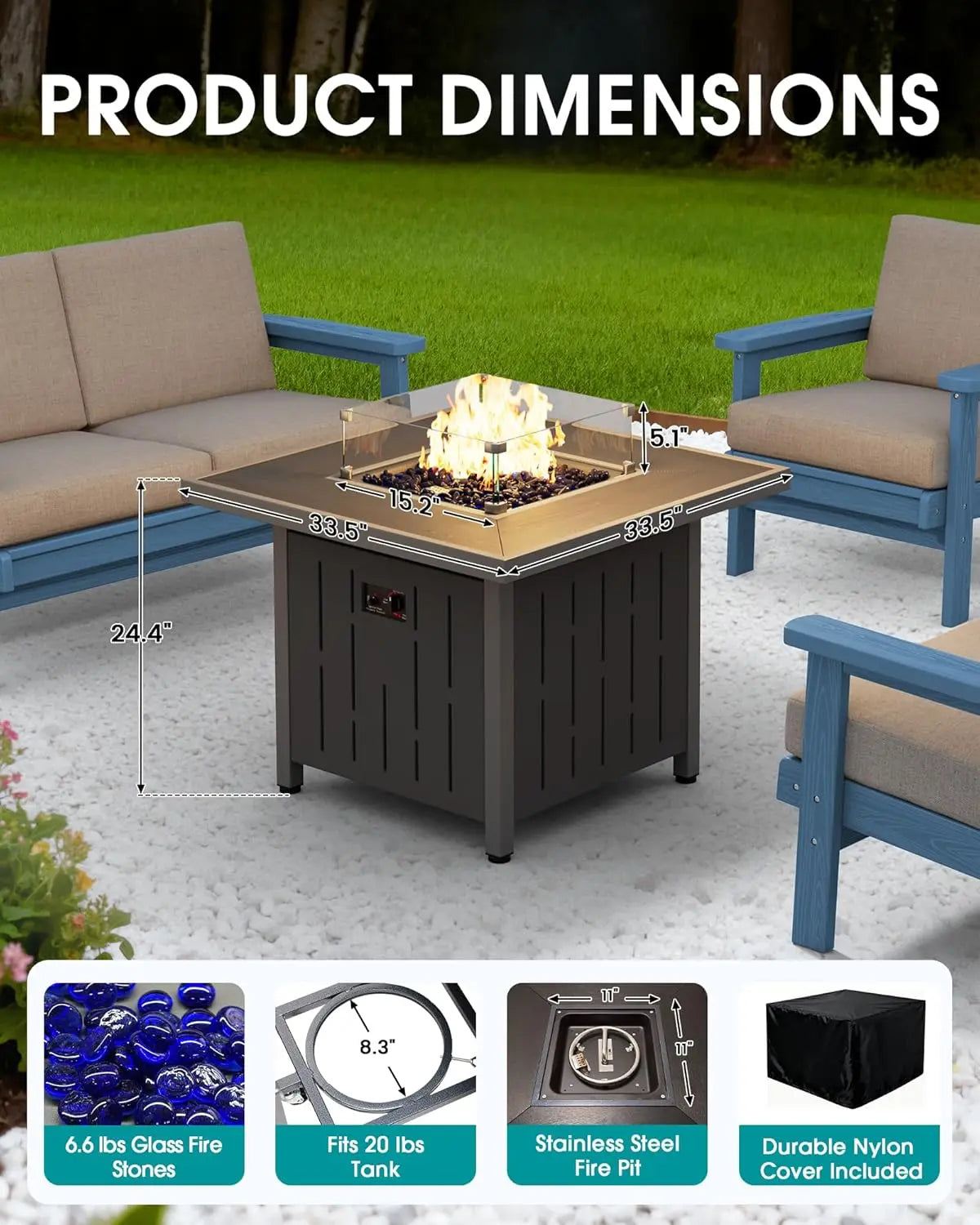 33" Outdoor Fire Pit Table, 50,000 BTU Square Propane Fire Pit Table with Lid, Glass Rock & Glass Wind Guard, Backyard, Black