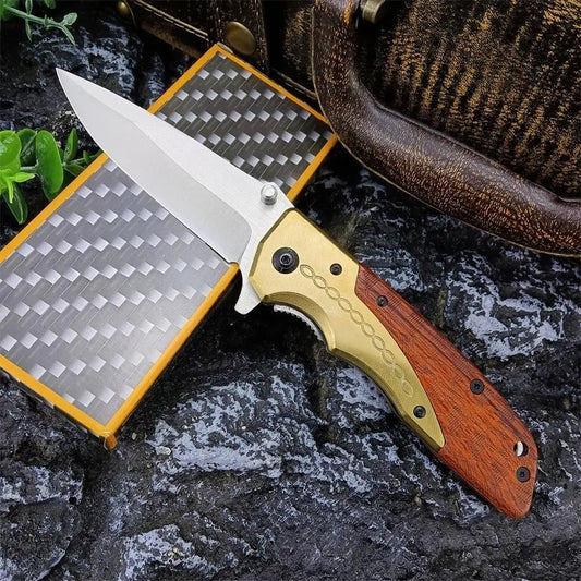 DA77 Pocket Folding Knife 5Cr13Mov Blade Colored Wood + Brass Handle Outdoor Hiking Camping Fishing Tools Gifts for Men