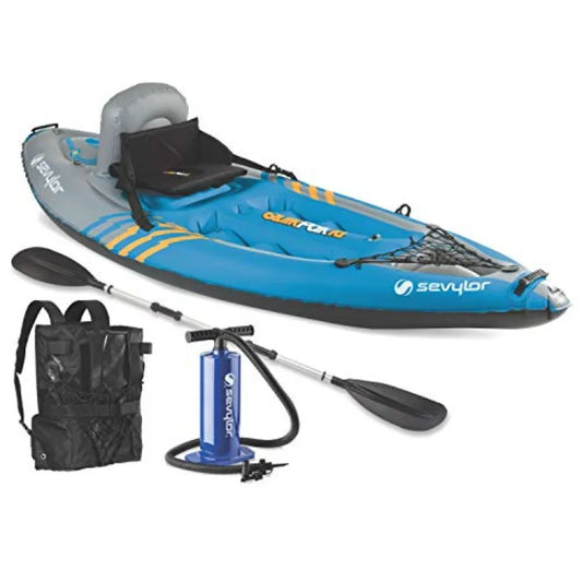 1-Person Inflatable Kayak with 21-Gauge PVC Construction in Blue Folds into Backpack with 5-Minute Setup Includes Hand Pump and