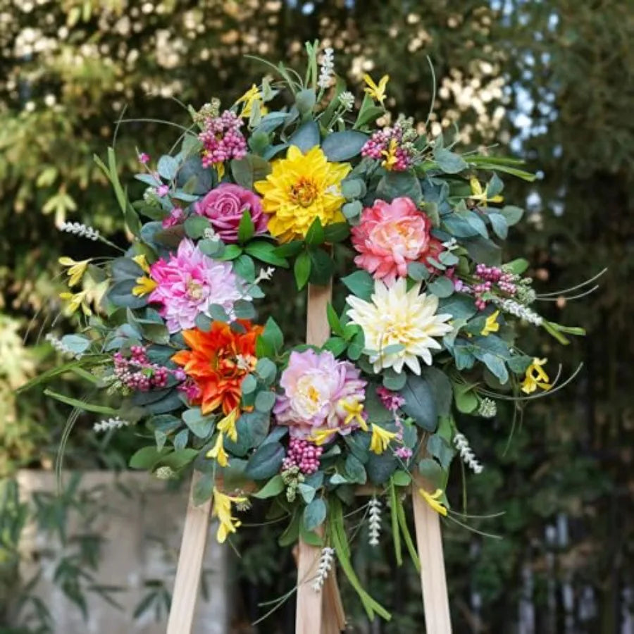 Spring Summer Wreaths for Front Door Outside 24 Inch, Floral Door Wreath with Peony Dahlia Rose, for All Season Easter Indoor O