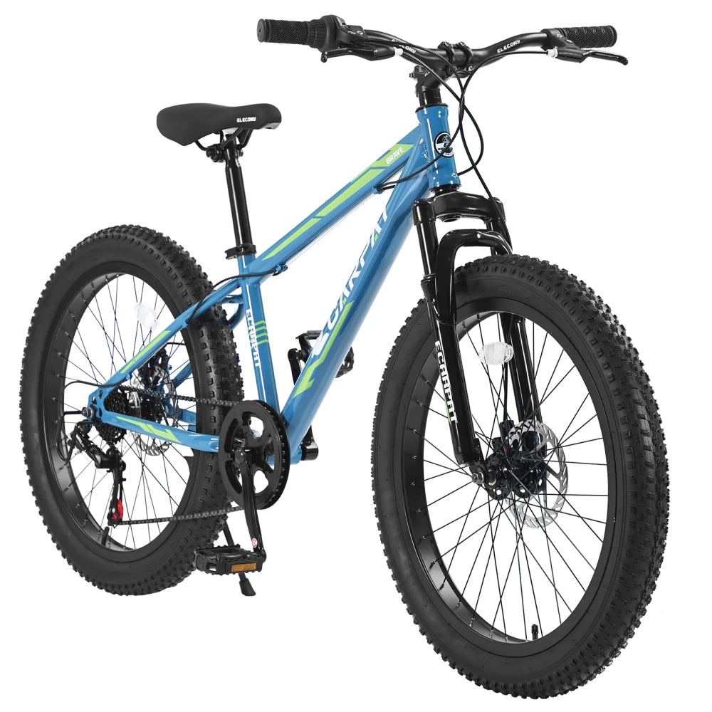 24 Inch Adult Youth Fat Tire Mountain Bike, 7 Speed Complete Gear System, High-Carbon Steel Frame, Front & Rear Dual Disc Brakes, Front Suspension, All Terrain Bike for Mountain Trails & City Commuting