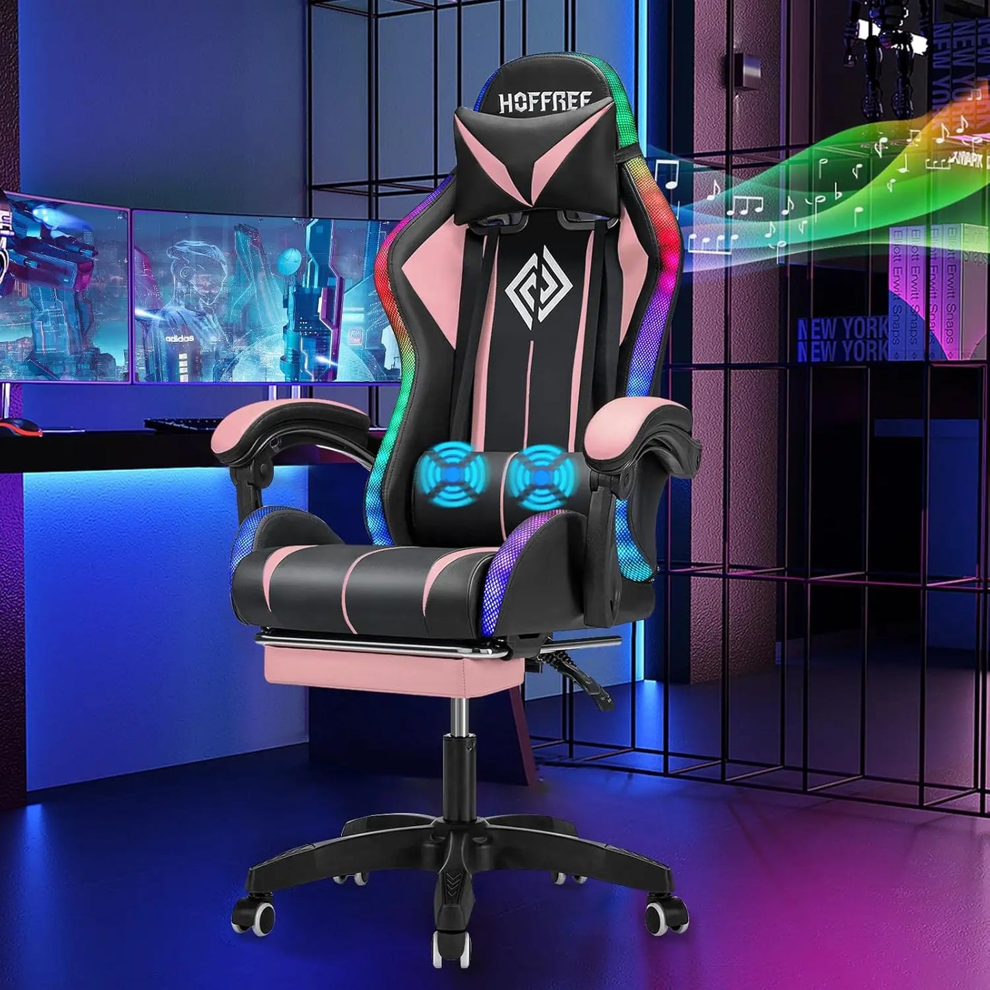 RGB Gaming Chair with Speakers Massage Computer Gaming Chair with LED Lights and Footrest High Back Video Game, Customized