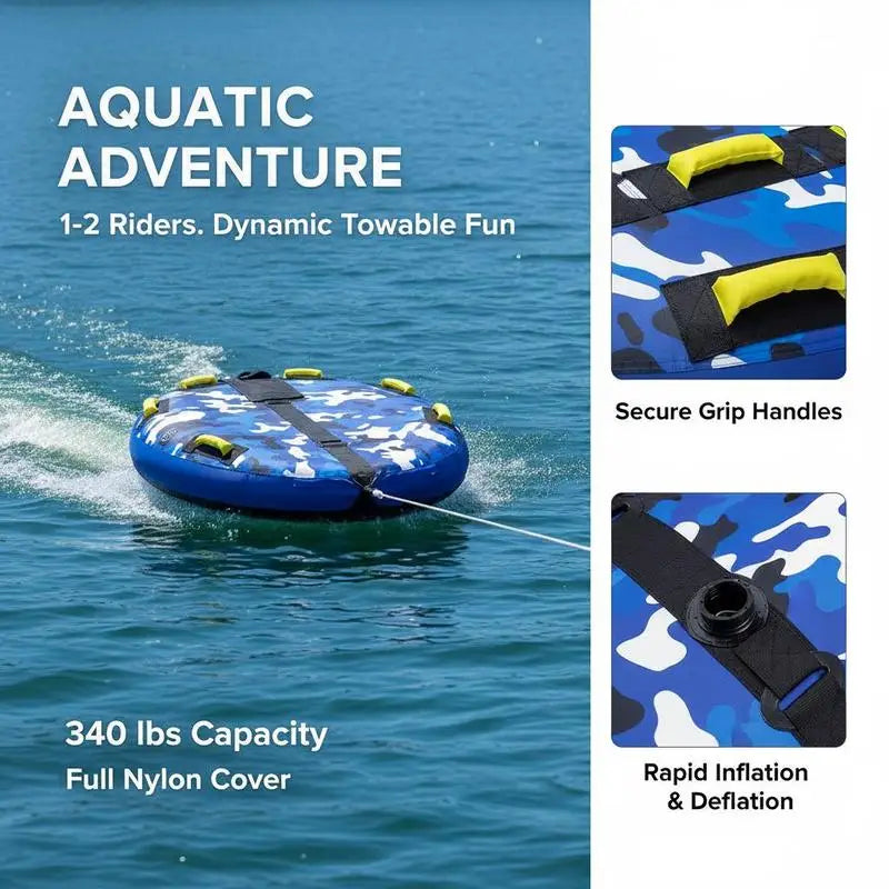 Inflatable Water Sled 51.8" For Lake River Ocean, 1-2 Person Capacity 340lbs Load Round Heavy Duty Nylon Cover EVA Foam Handles Speed Safety Valve