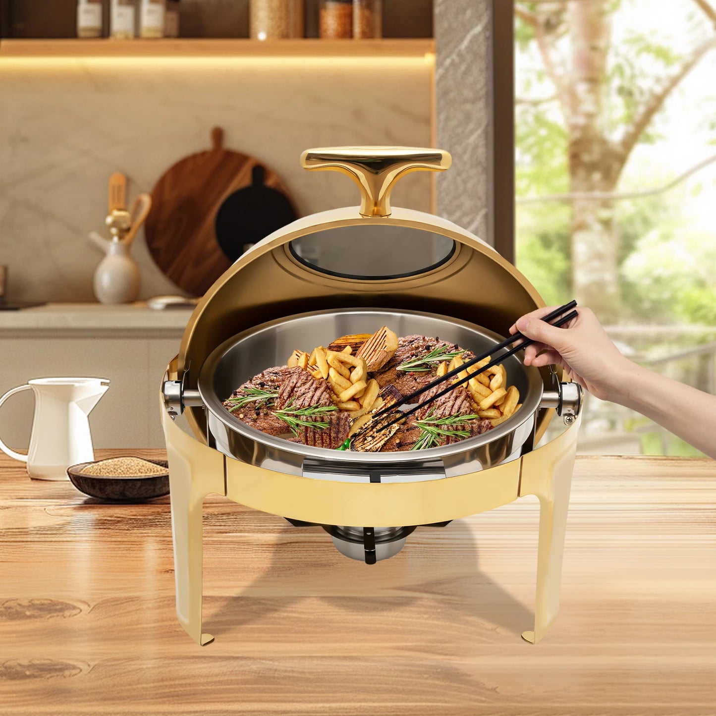 Single Compartment Buffet Chafing Dish, Gold, Round Buffet Warmer with Glass Lid, Food Warmer for Catering, Party
